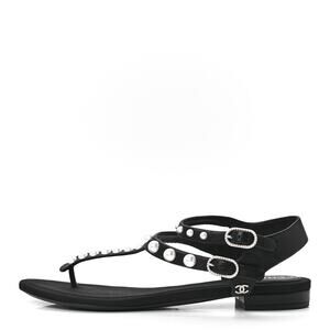 Chanel Black Lambskin Pearl CC Ankle T-Strap Thong Flat Sandals Size 38